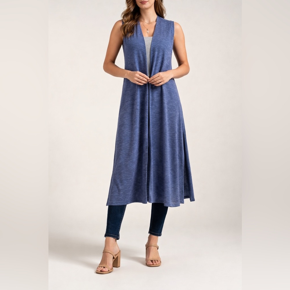 Lula Roe Sleeveless Long Side Slits Blue Boho Stretch Wrap NWOT Blouse Size XL